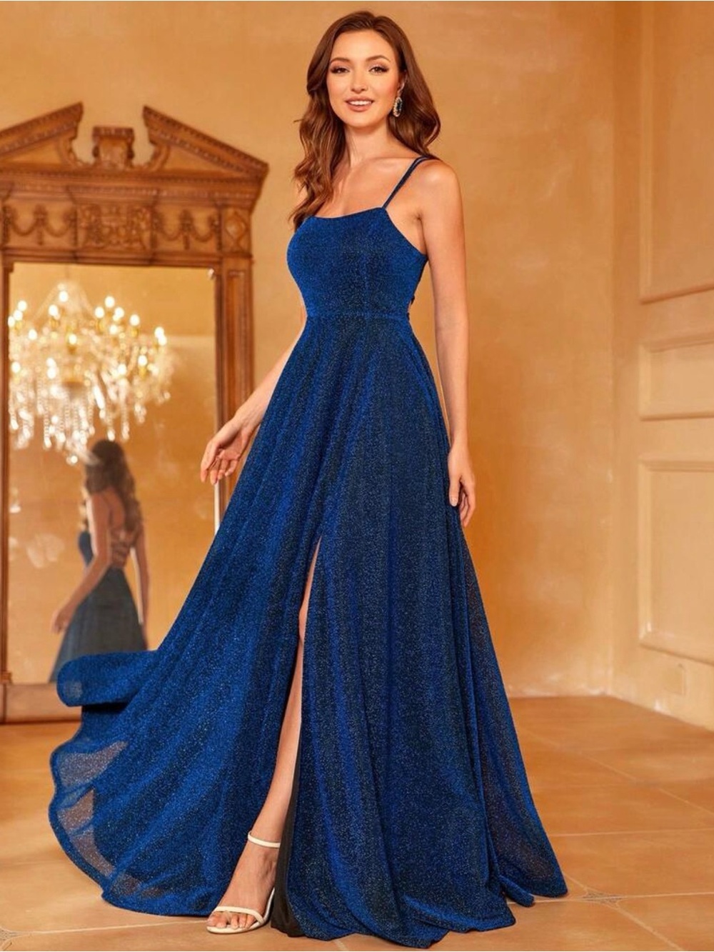 SHEIN Royal Blue Glitter Spaghetti Strap Prom Gown